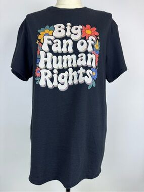Gildan Black Tee with 'Big Fan of Human Rights' Floral Graphic